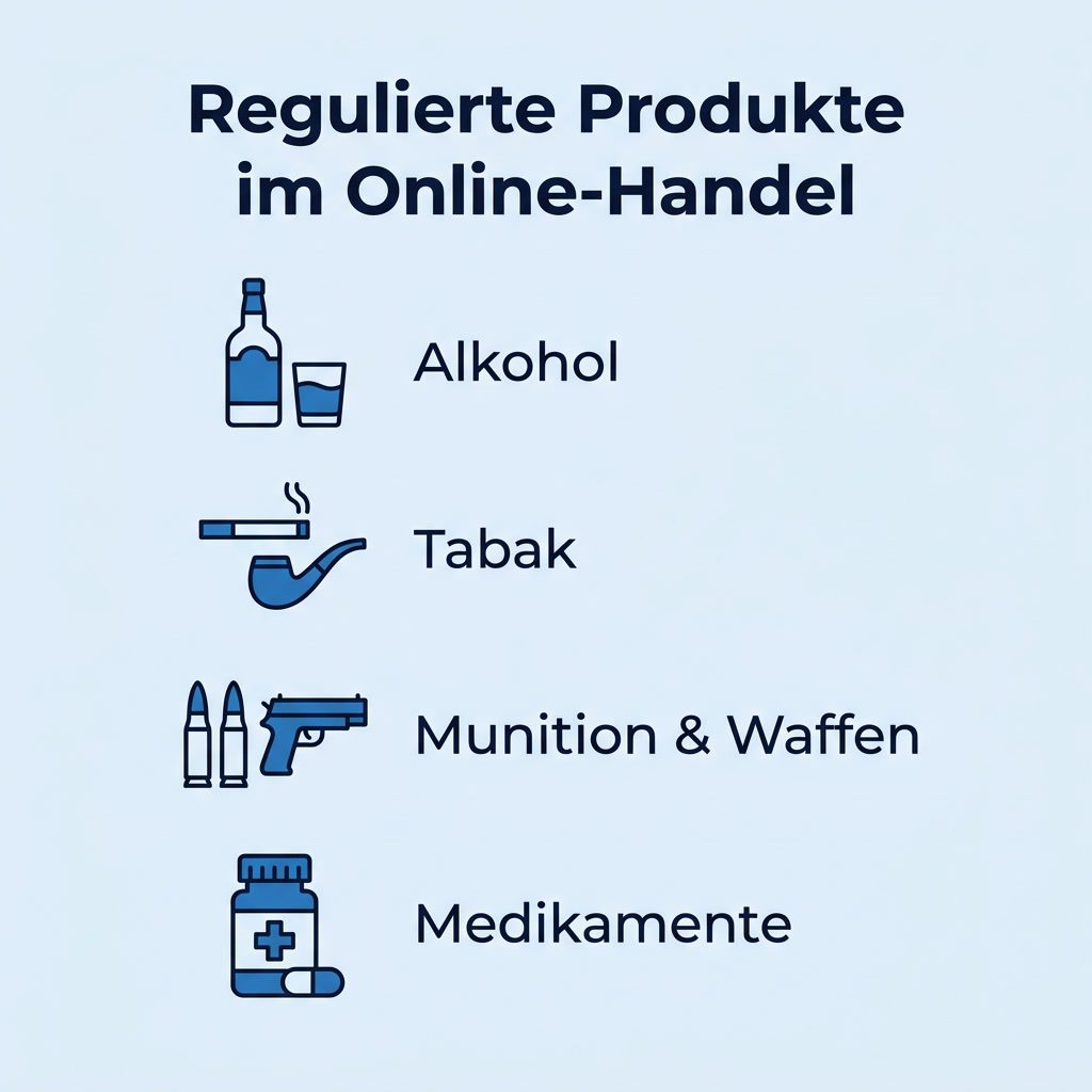 Infografik mit vier regulierten Produktkategorien im Schweizer Online-Handel: Alkohol, Tabak, Munition und Waffen sowie Medikamente