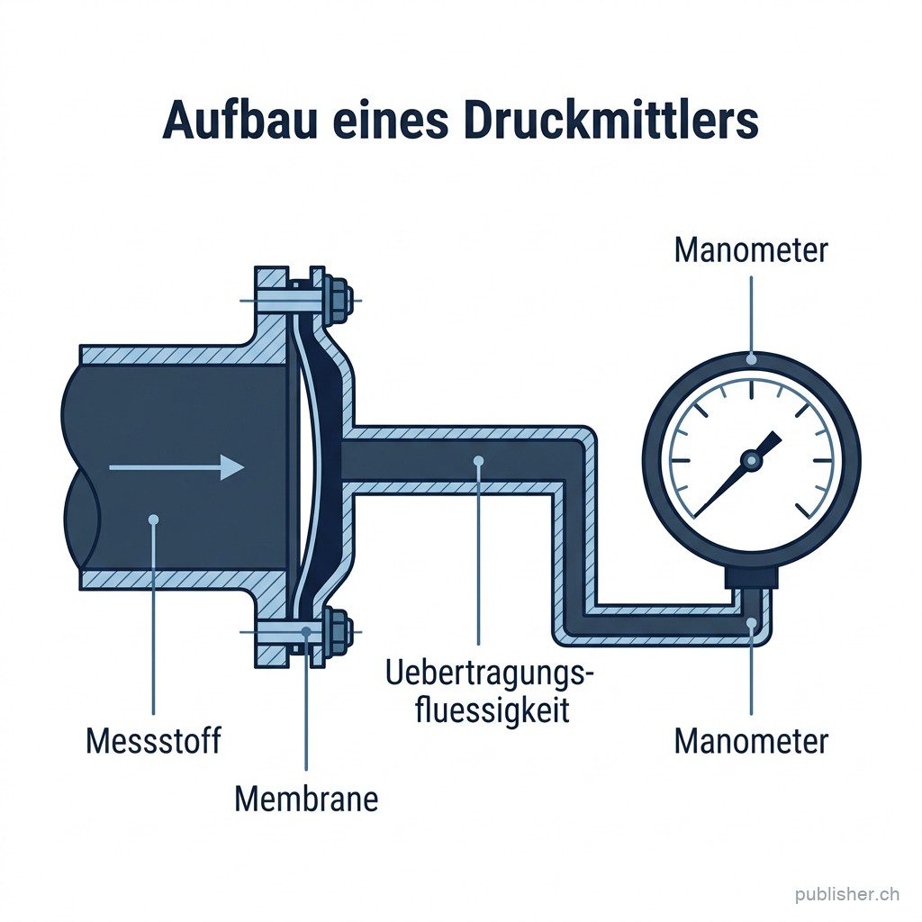 Infografik: Aufbau eines Druckmittlers mit Messstoff, Membrane, Druckuebertragungsfluessigkeit und Manometer