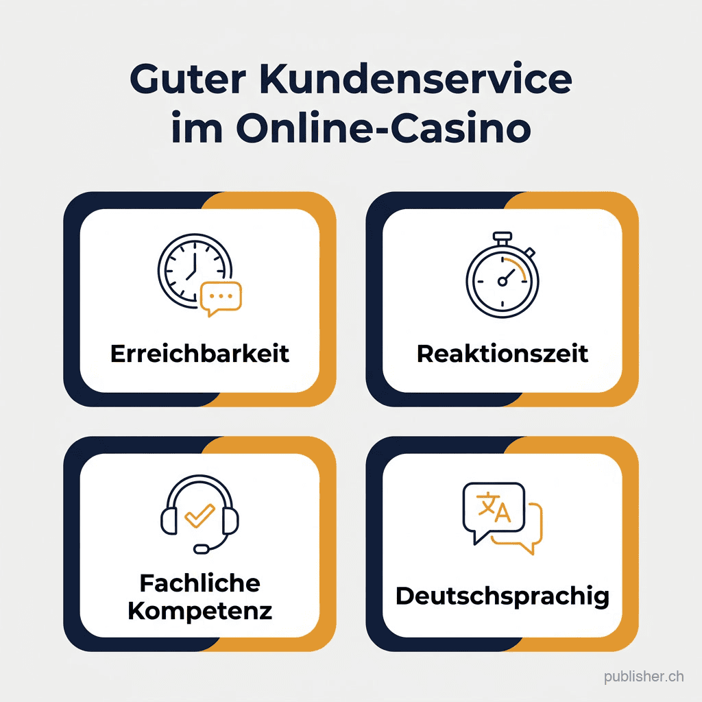 Infografik: Erreichbarkeit, Reaktionszeit, fachliche Kompetenz und deutschsprachiger Support als Merkmale guten Casino-Kundenservices