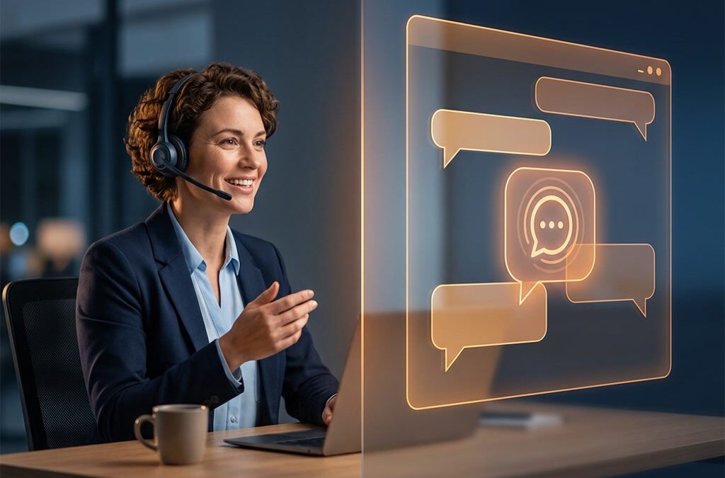 Menschliche Supportmitarbeiterin mit Headset neben einem digitalen Chatbot-Fenster