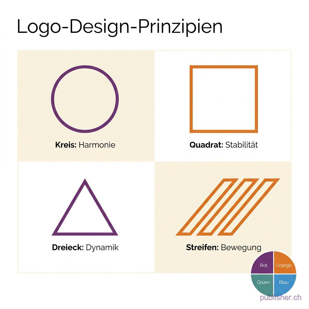 Infografik: Formensprache und Farbpsychologie im Logo-Design – Kreis, Quadrat, Dreieck, Streifen und Farbkreis