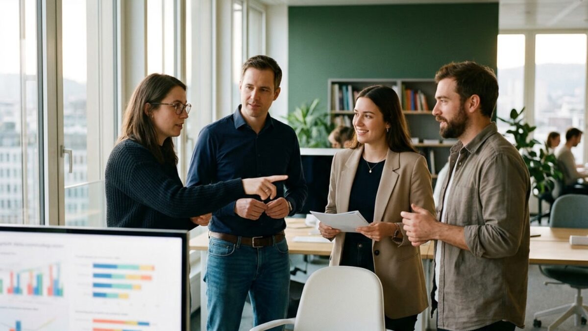 Redaktionsteam bespricht Umfrageergebnisse an einem Bildschirm in einem hellen Büro