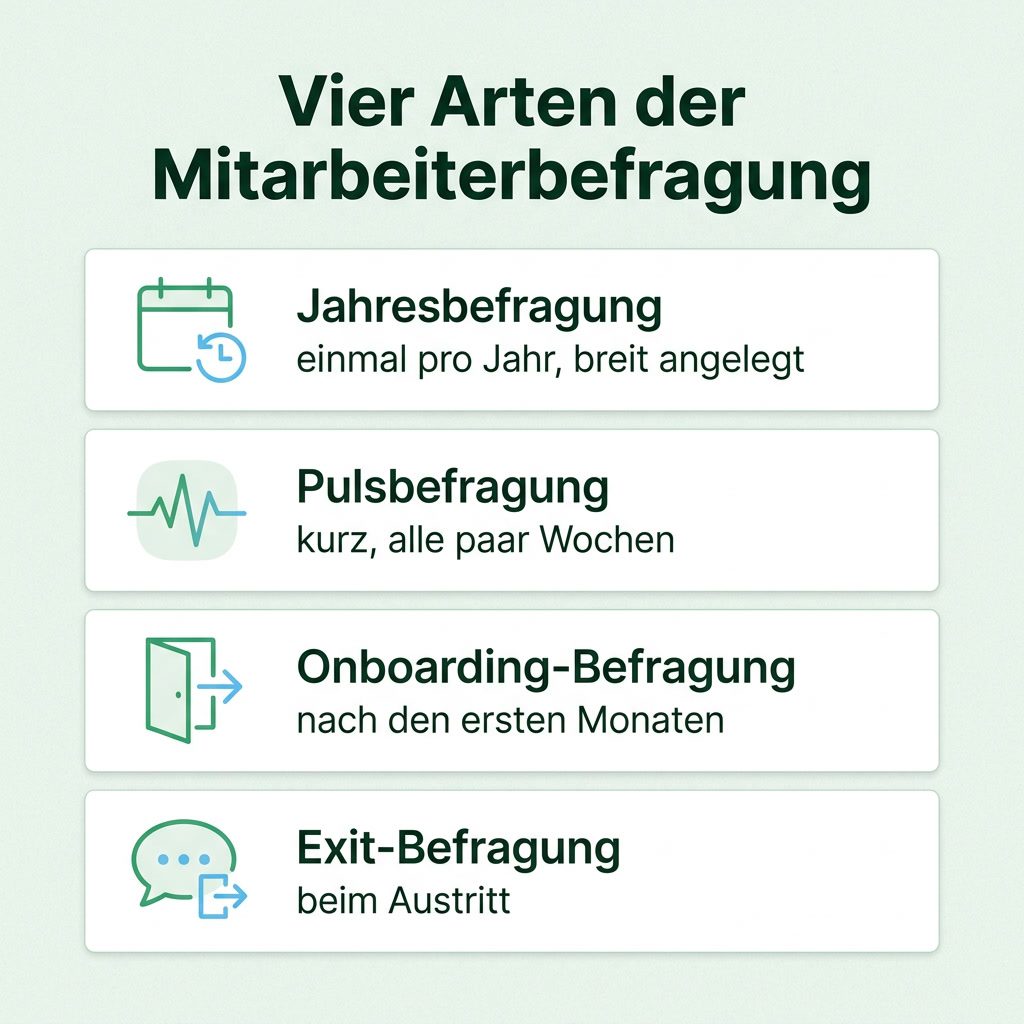 Infografik: vier Arten der Mitarbeiterbefragung – Jahresbefragung, Pulsbefragung, Onboarding-Befragung und Exit-Befragung