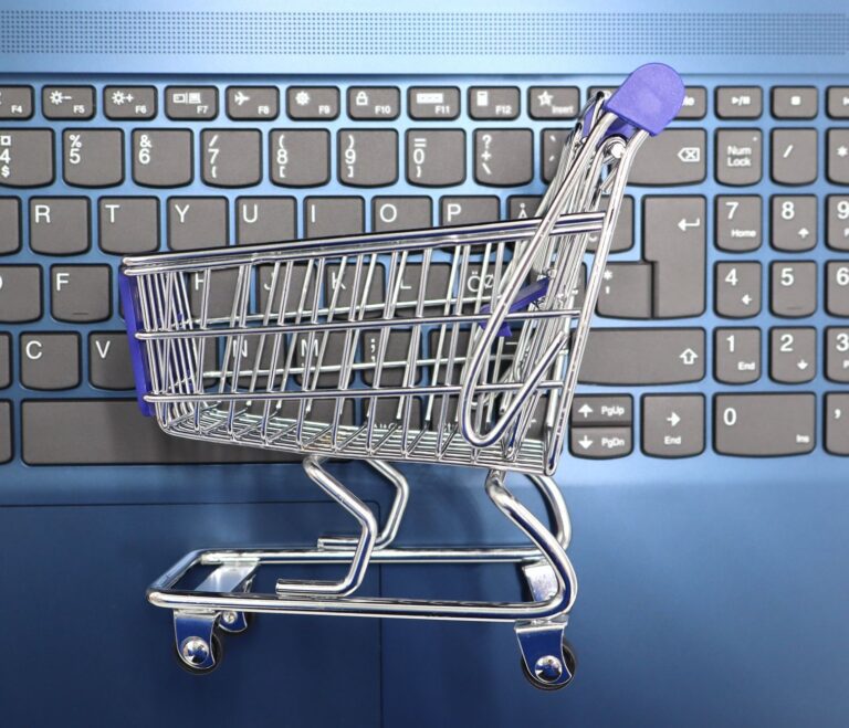 Online-Einkauf am Laptop mit Warenkorb