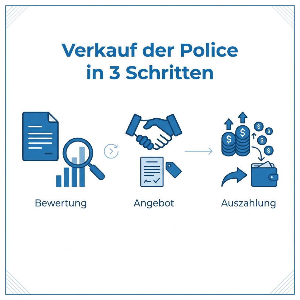 Ablaufschema Verkauf einer Lebensversicherung auf dem Zweitmarkt in drei Schritten