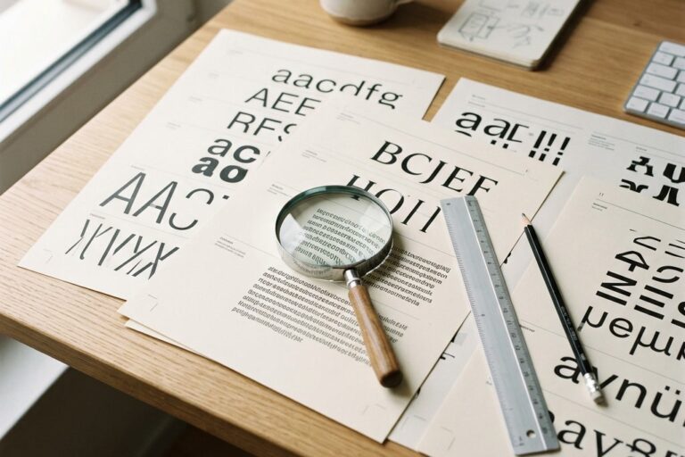 Schriftart erkennen: Lupe ueber gedruckten Schriftmustern auf einem Designer-Schreibtisch