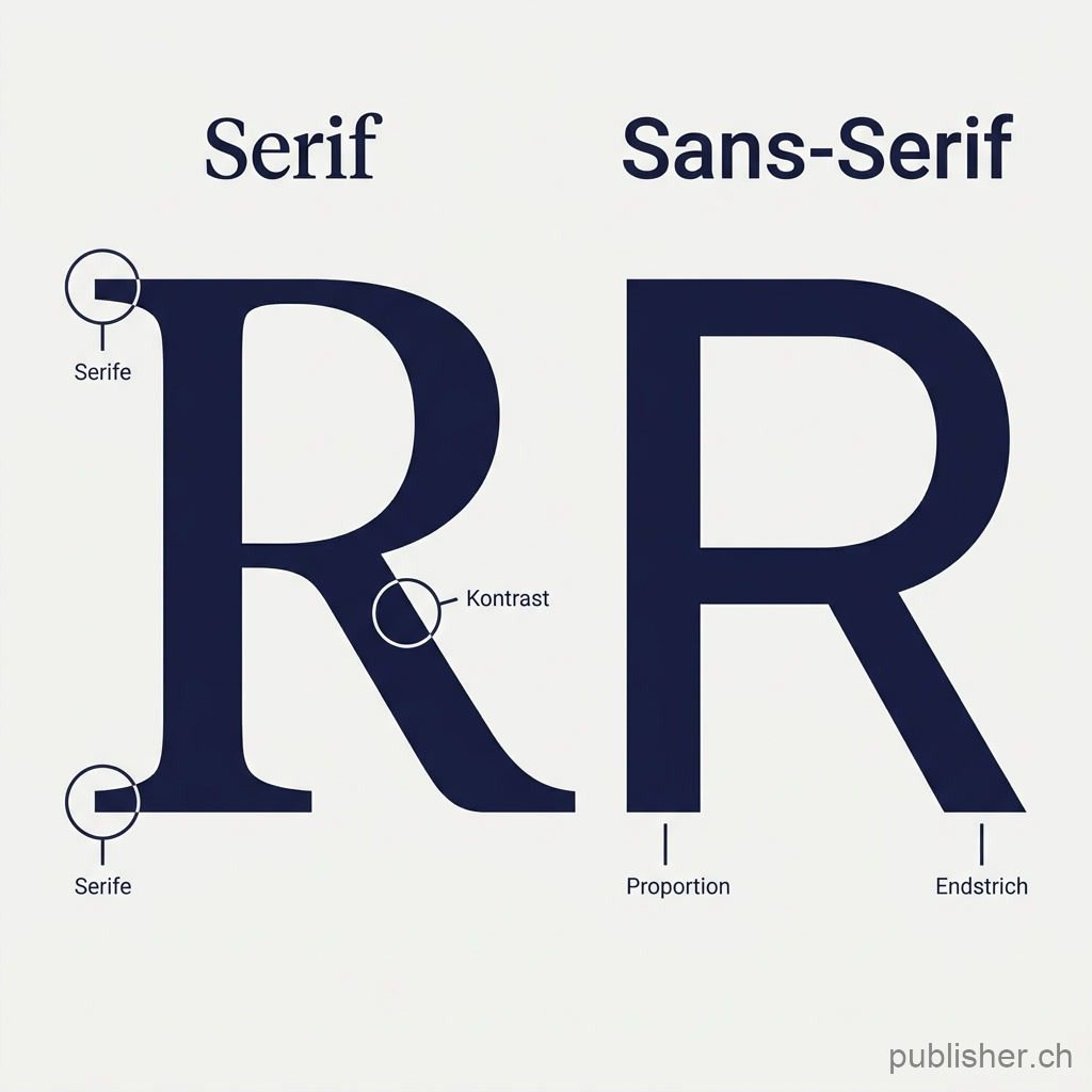Vergleich von Serif- und Sans-Serif-Schrift mit den Merkmalen Serife, Kontrast, Proportion und Endstrich