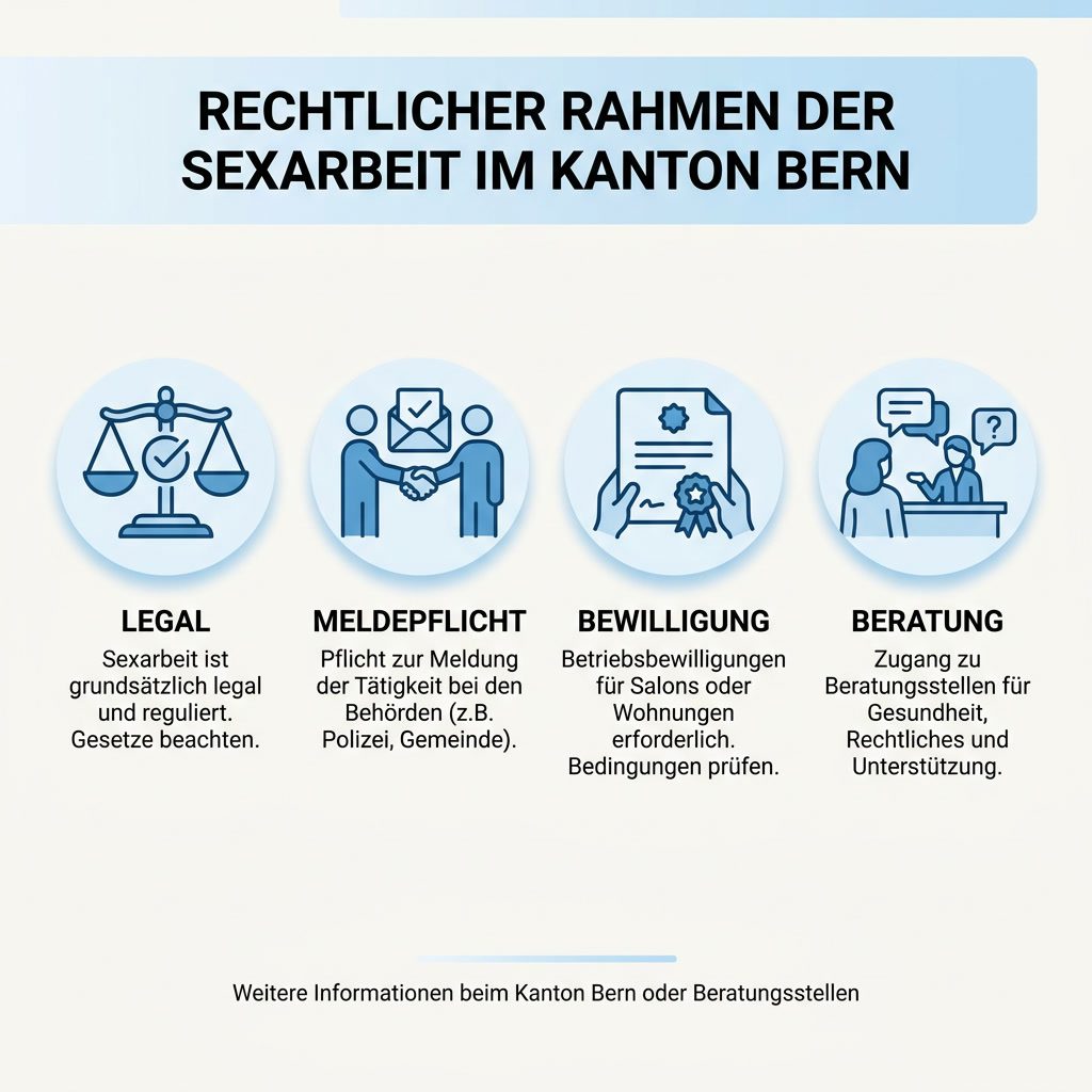 Infografik: Rechtlicher Rahmen der Sexarbeit im Kanton Bern – legal, Meldepflicht, Bewilligung, Beratung