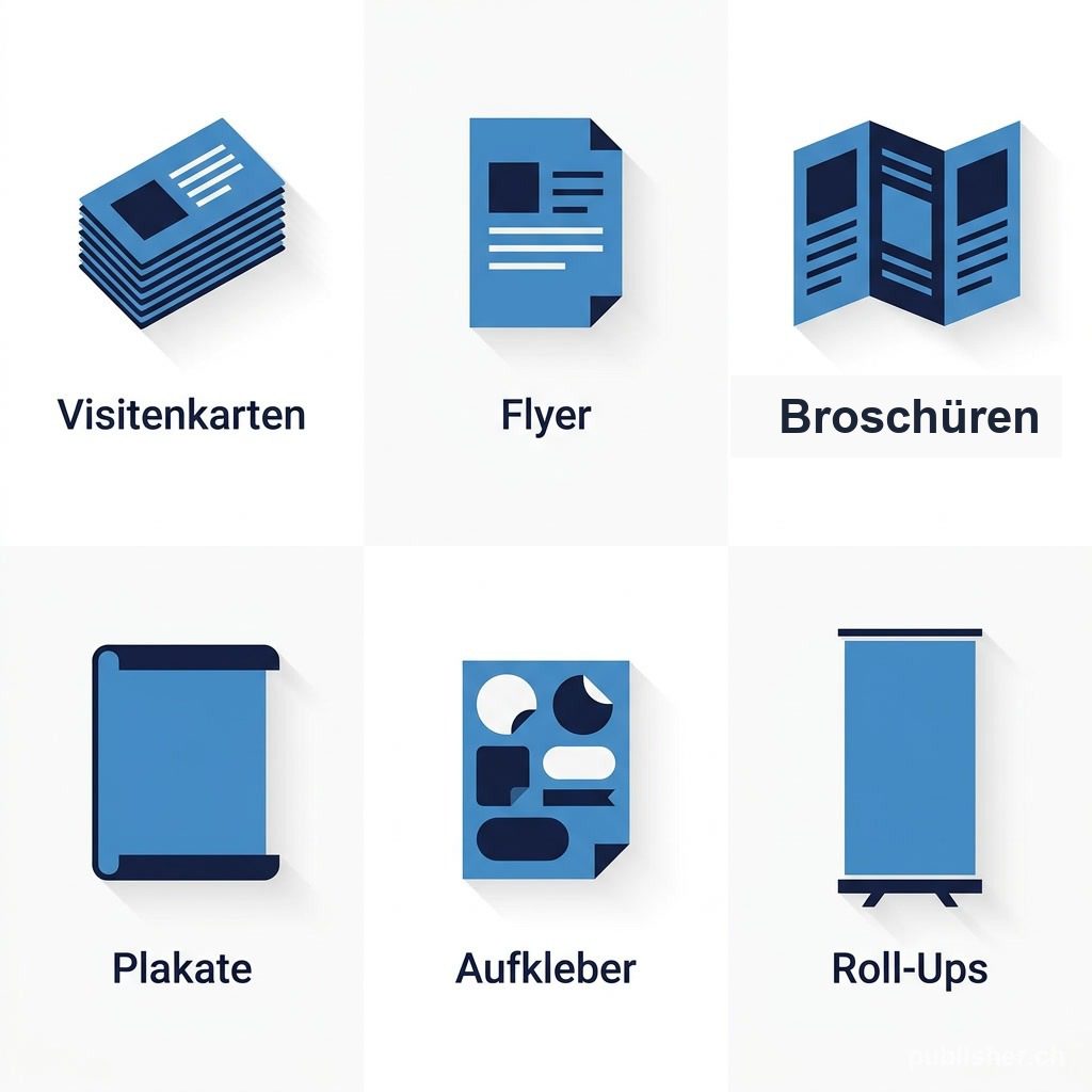 Übersicht der Druckprodukte einer Online-Druckerei: Visitenkarten, Flyer, Broschüren, Plakate, Aufkleber und Roll-Ups